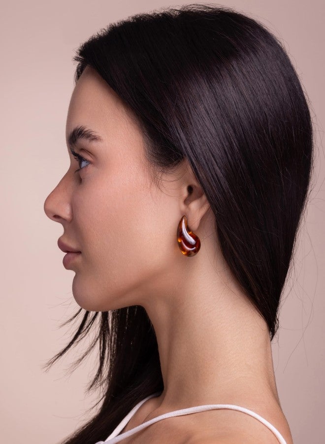 SNGIA Brown Teardrop Water Drop Oval Chunky Colored Resin Tigers Eye Gemstone Statement Earrings for Women by SNGIA, Bold Drop Handmade Exaggerated Irregular Trendy Bohemian Stud Jewelry Gifts, Unique Dangling Baroque Stone Summer Beach Fashion Accessories, Round Vintage Thick Circular Nickle Free Huggies Hoop Earring. - Image 4